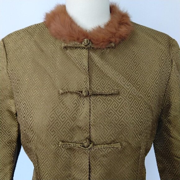 Vintage Asian Bronze Jacket Size S M Art To Wear Frog Clasp Fur Collar Kenki - Picture 6 of 10